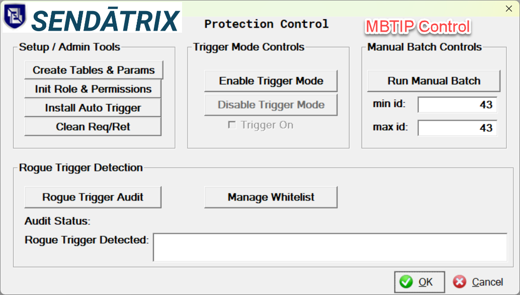 Sendatrix MBTIP Protection Control panel showing trigger mode controls, manual batch controls, and rogue trigger detection